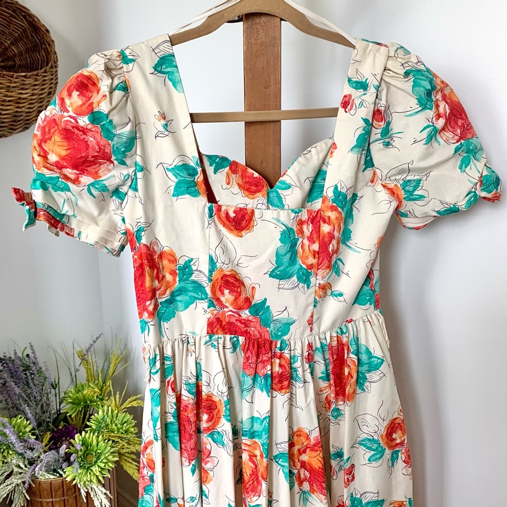 Laura Ashley Cream Floral Midi Dress with Red & Teal Flowers - Picture 5 of 15